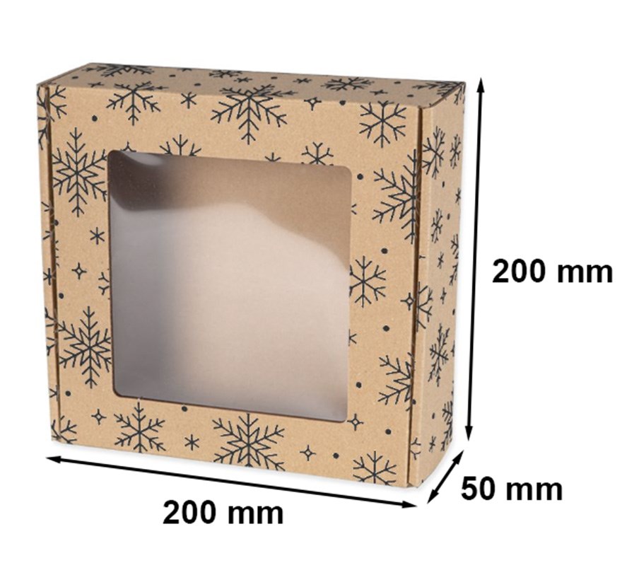 Pudełko świąteczne z okienkiem 200x200x50mm EKO Czarne Śnieżynki F427