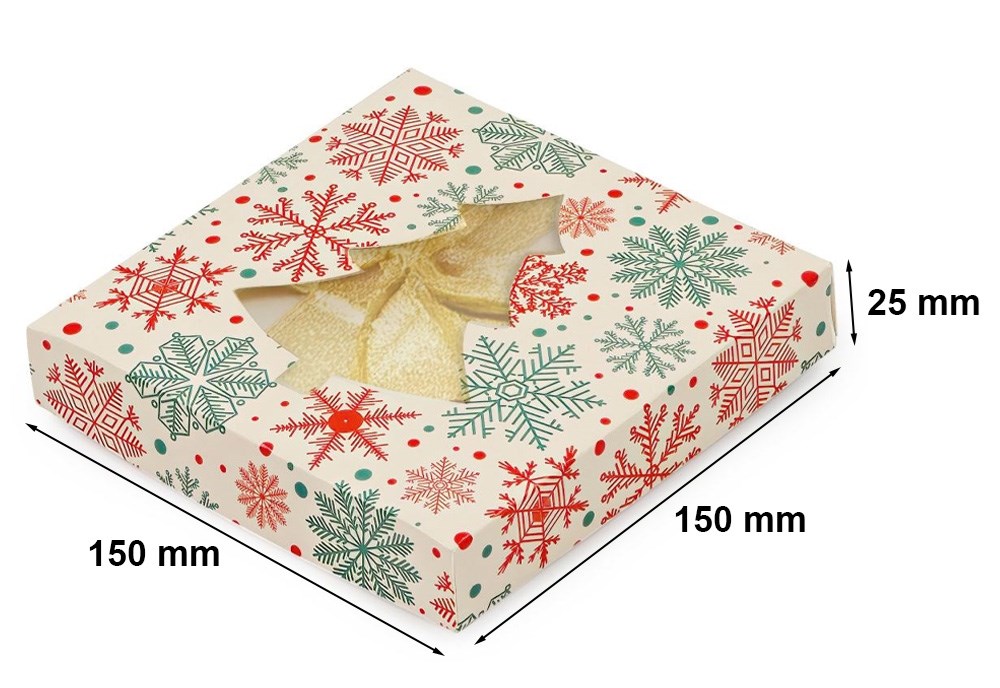 Pudełko prezentowe ozdobne z oknem choinką w śnieżki 150x150x25 mm