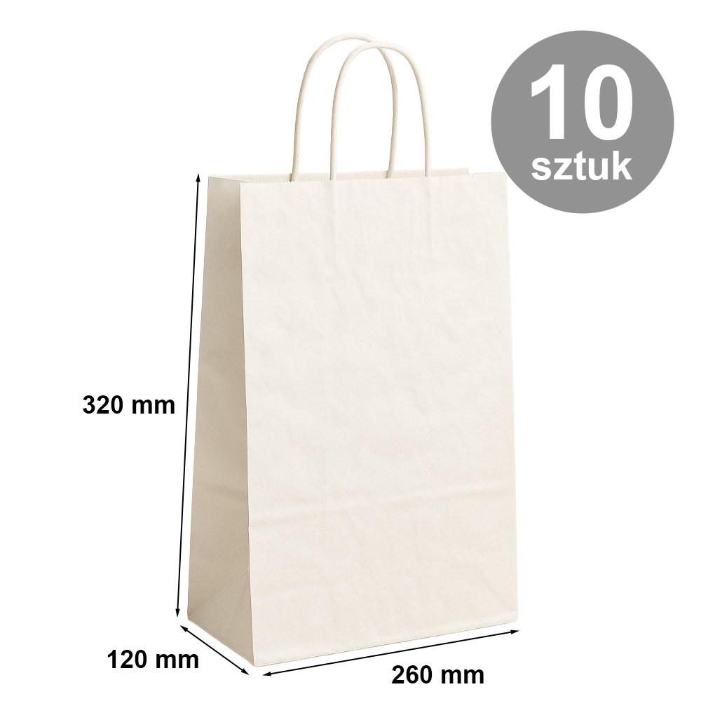 Torby papierowe Kraft 260x120x320 mm białe na zakupy 10 szt.