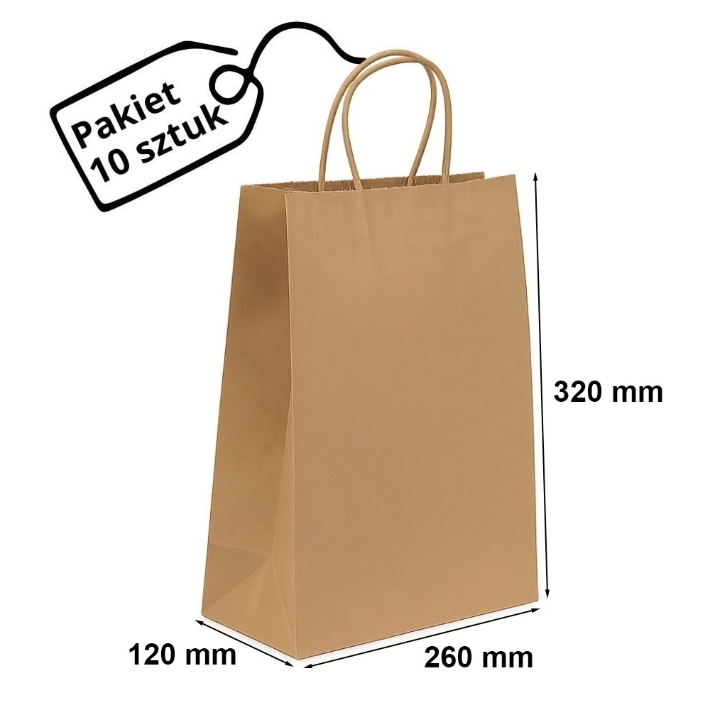 Torby papierowe kraft z uchwytem brązowe 260x120x320 mm 10 szt.