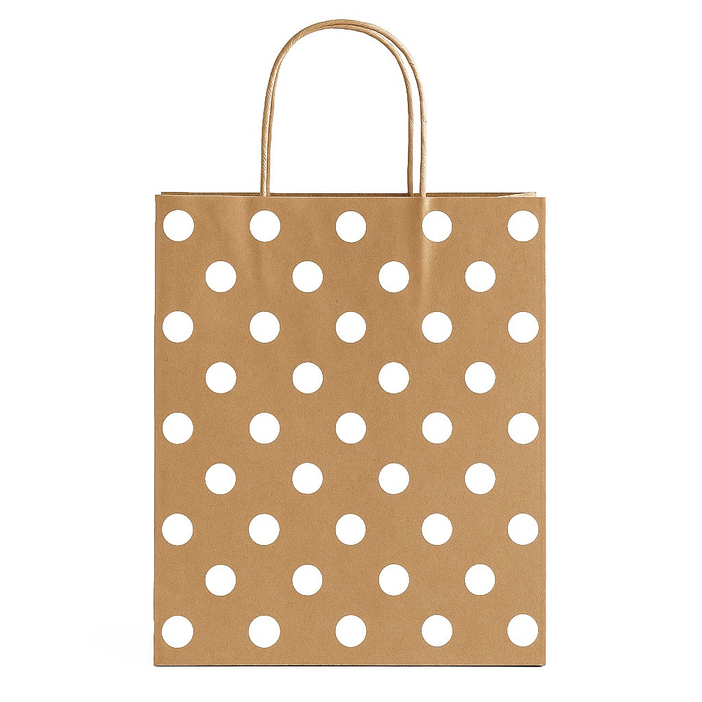 Torba papierowa Kraft brązowa w białe kropki 18x8x22 cm z uchwytem