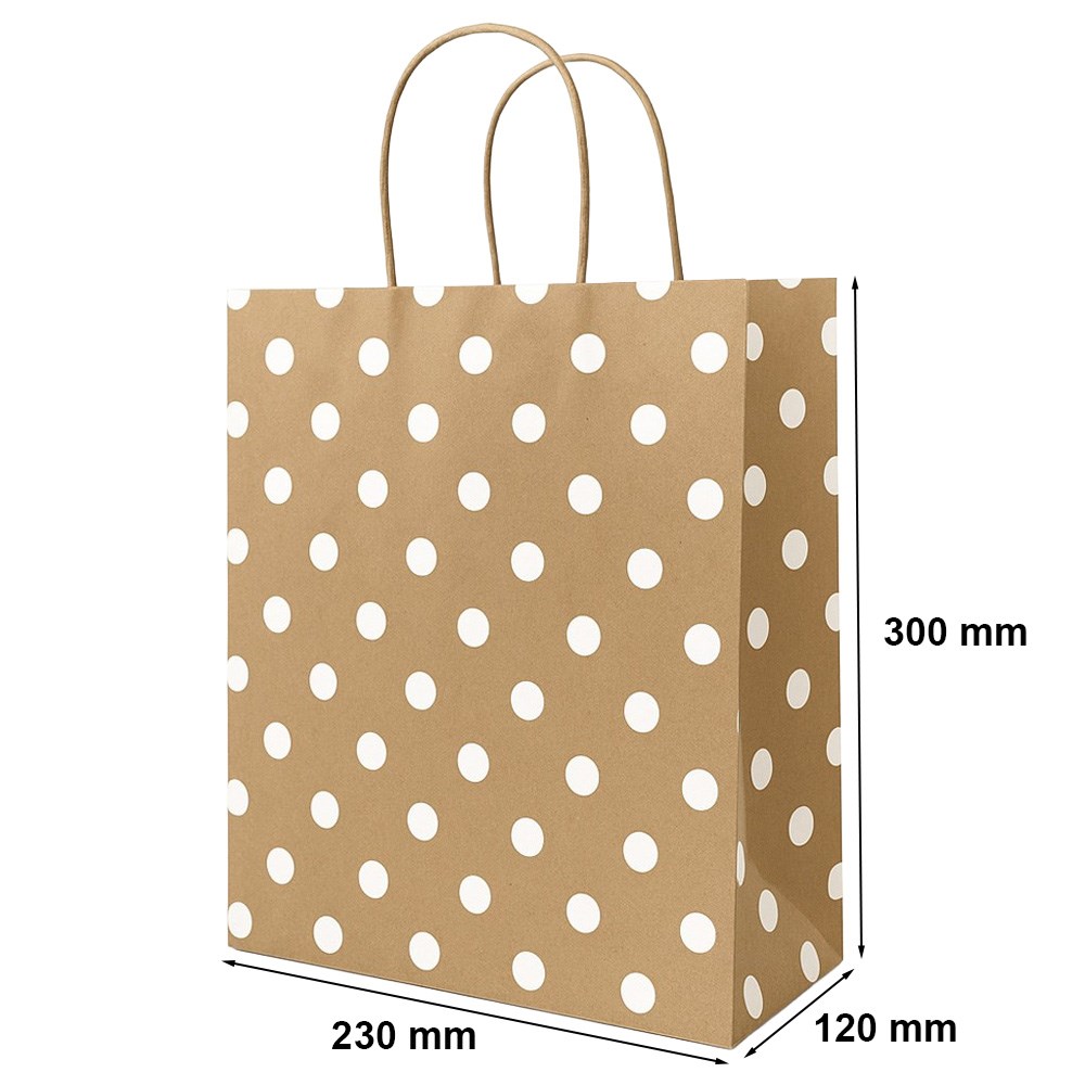 Torba papierowa Kraft brązowa w białe kropki z uchwytami 230x120x300