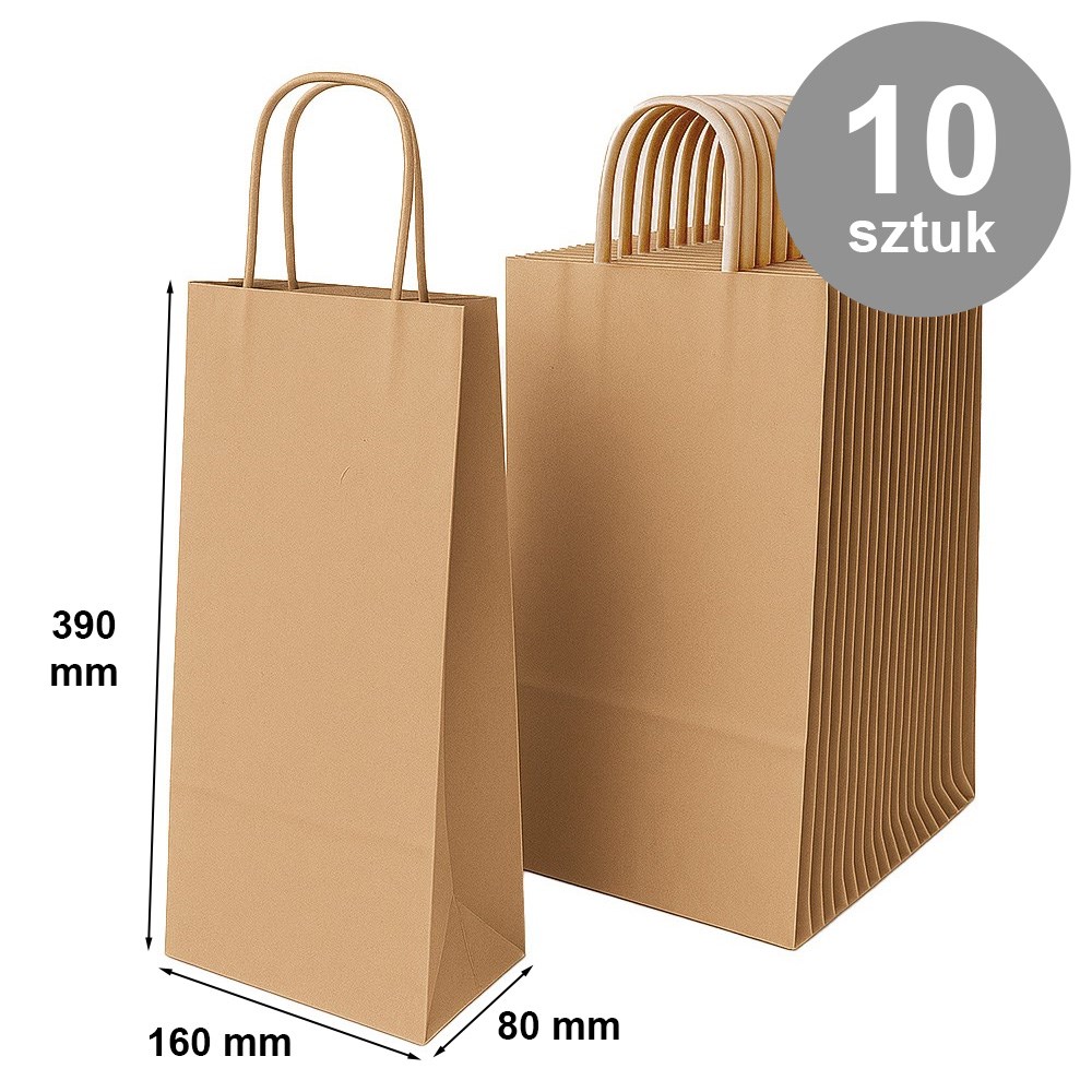 Torby papierowe na butelki 160x80x390 mm brązowe z uchwytem 10 szt.