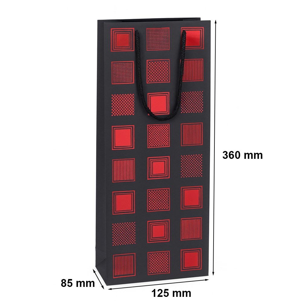 Torebka na wino czarna prezentowa 125x85x360 mm z czerwonym zdobieniem
