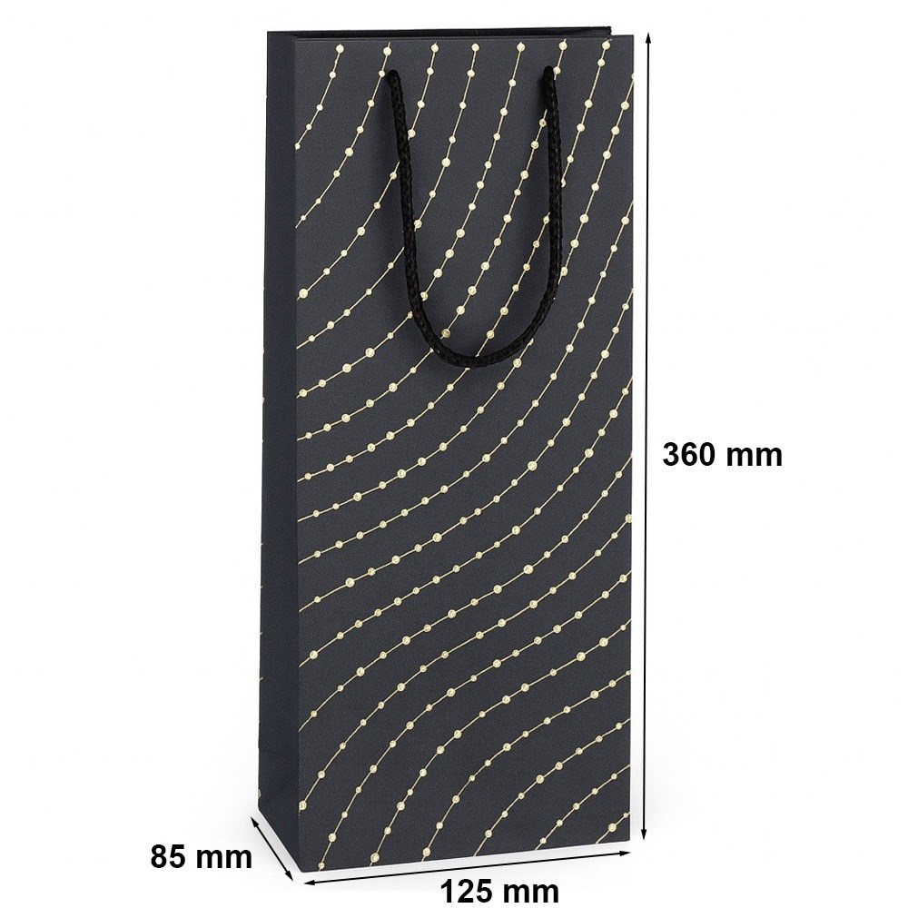 Torebka prezentowa na wino czarna 125x85x360 mm złote zdobienia