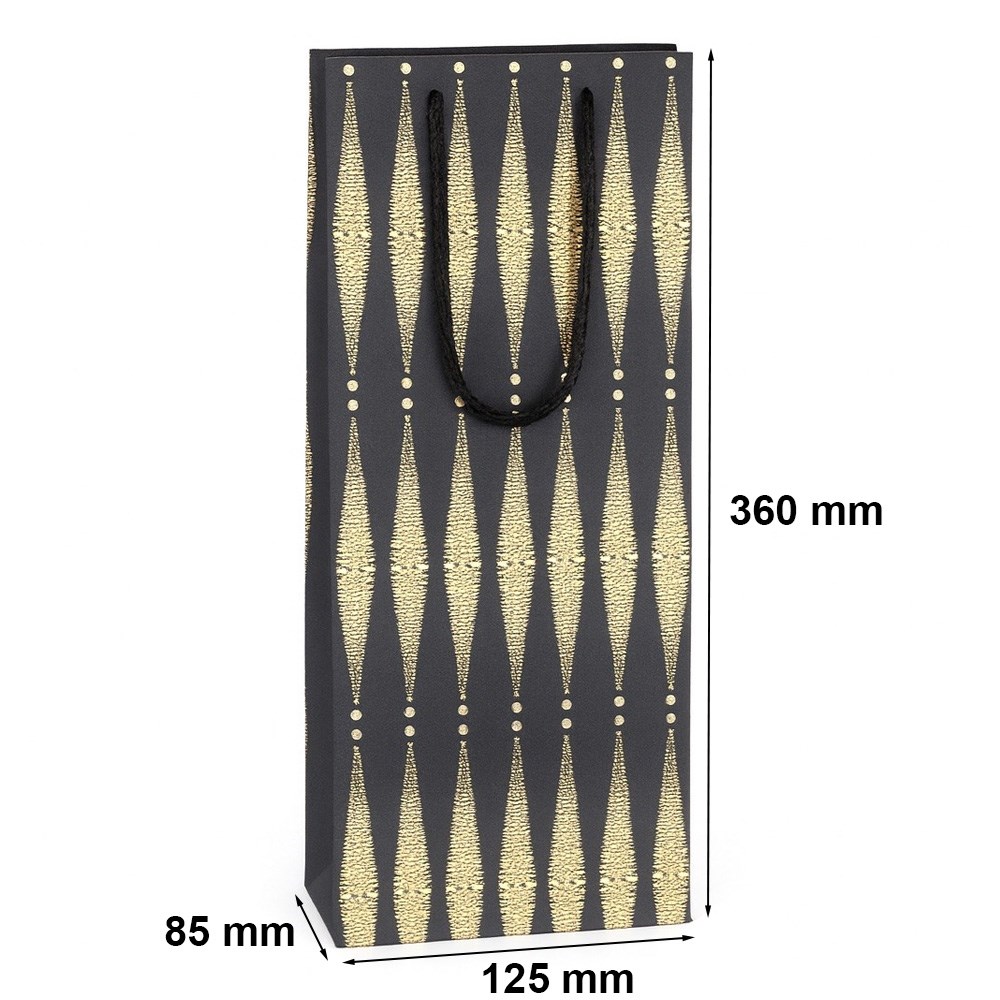 Torebka prezentowa na wino czarna 125x85x360 mm, złote zdobienia