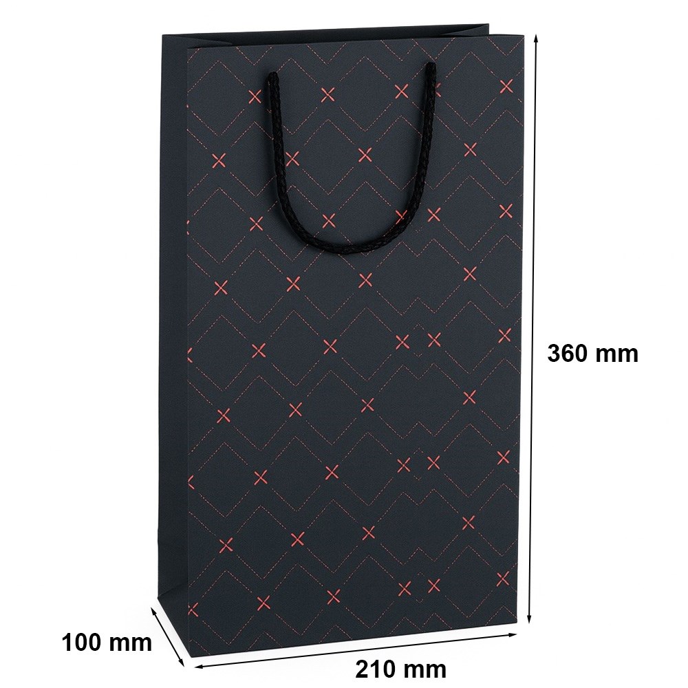 Torebka prezentowa na wino czarna 210x100x360 mm czerwone elementy