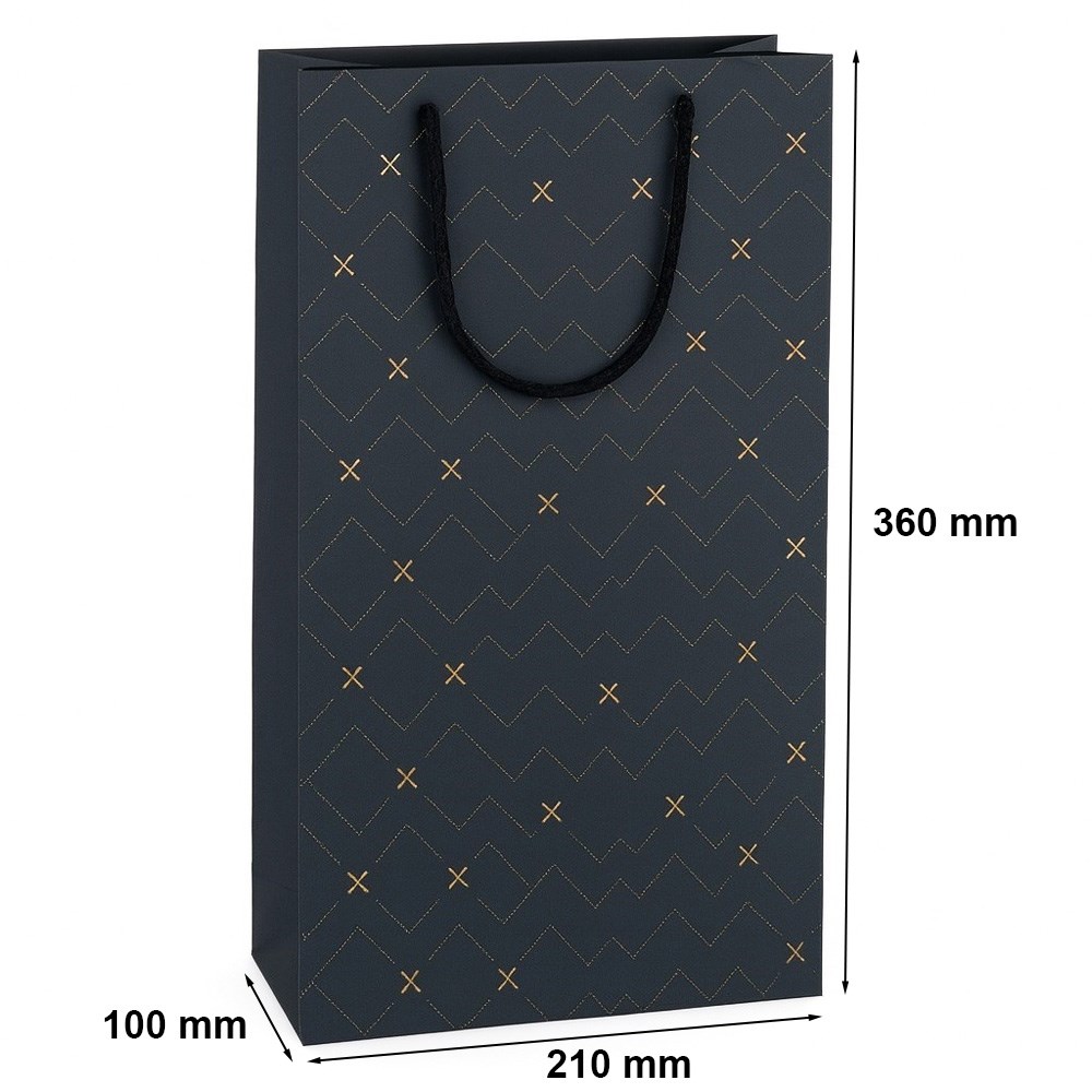 Torebka prezentowa na wino czarna złote zdobienia 210x100x360 mm