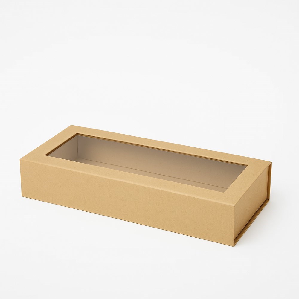 Pudełko prezentowe magnetyczne kraft z okienkiem 345x150x55 mm F2