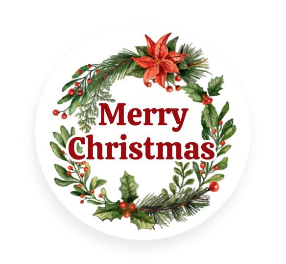 Naklejki okrągłe białe fi 30 mm Merry Christmas wieniec 200 szt