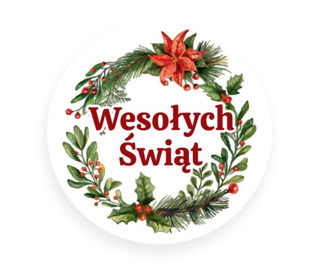 Naklejki świąteczne okrągłe fi 30 mm Wesołych Świąt wieniec, 200 szt