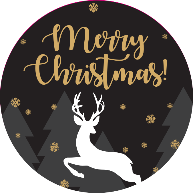 Czarne naklejki świąteczne fi 30 mm Merry Christmas jelonek 200 szt