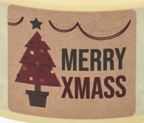 Naklejki świąteczne kraft choinka Merry Xmas 35x40 mm, 200 szt