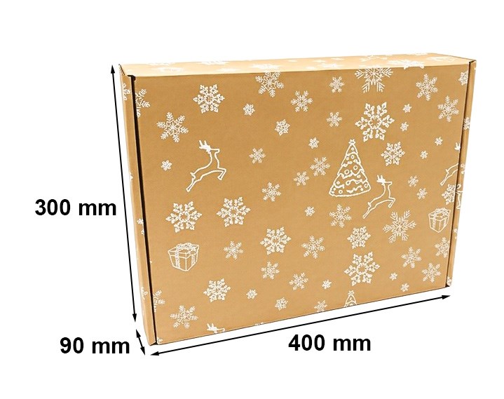 Karton świąteczny fasonowy 400x300x90 mm Śnieżynki Renifery
