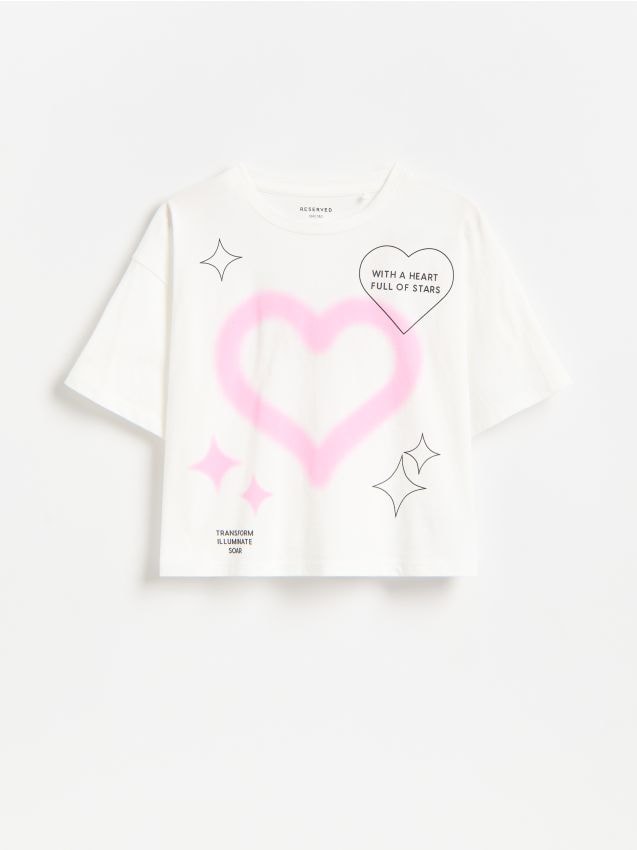 Reserved - Krótki t-shirt z nadrukiem - złamana biel