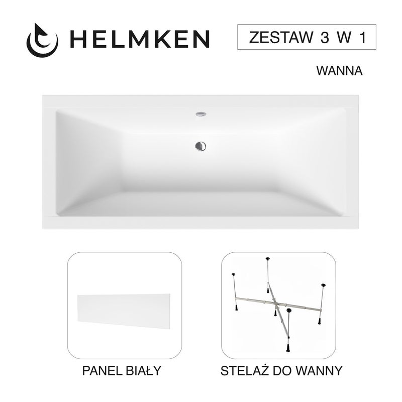 Helmken Wanna akrylowa Alvaro 165 x 75 + Panel Biały + Stelaż uniwersalny do wanien 21230020 / 23096002-3S