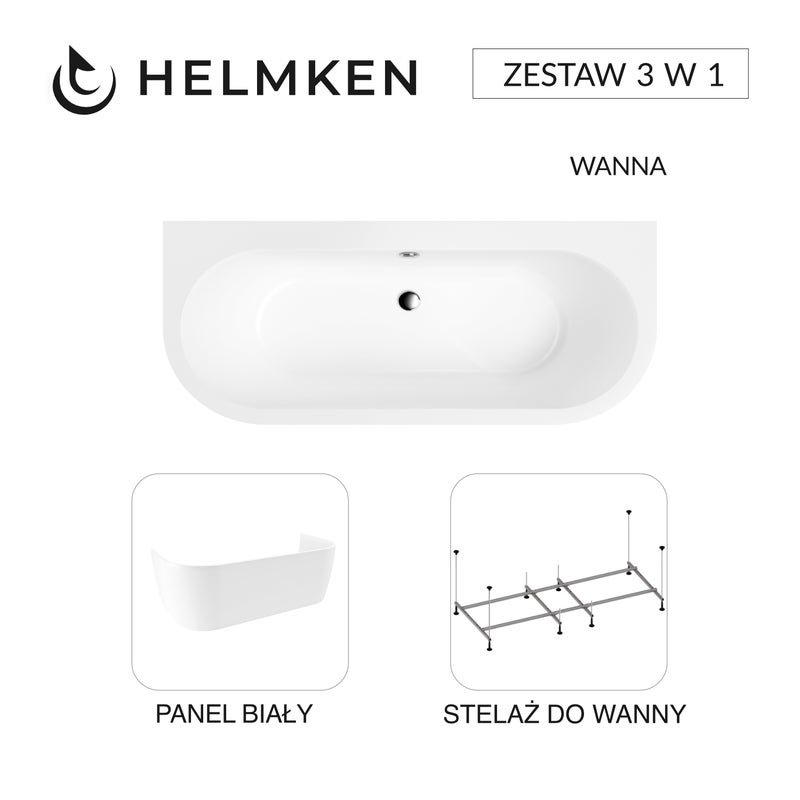 Helmken Wanna półokrągła akrylowa 170x75 Imperia + Panel Biały + Stelaż do wanien 21210028 / 35080075-3S