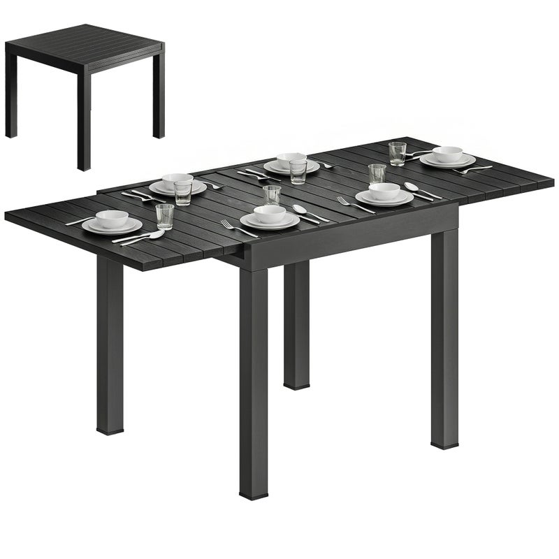 Rozkładany stół ogrodowy 80/160 cm dla 4-6 osób, aluminiowy z blatem listwowym, imitacja drewna, czarny