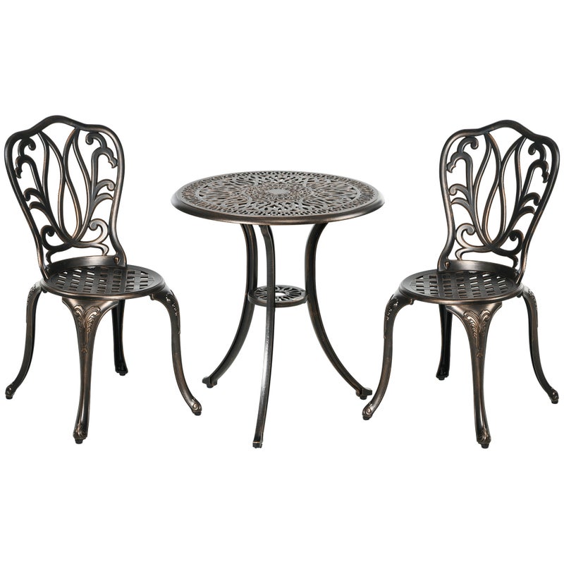 2-osobowy zestaw wypoczynkowy ogrodowy: 2 krzesła + okrągły stół, Retro urok styl, Cast aluminium, Bronze