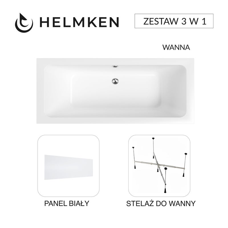 Helmken Wanna akrylowa Olympia 180x80 + Panel Biały + Stelaż uniwersalny do wanien 21230020 / 35100080-3S