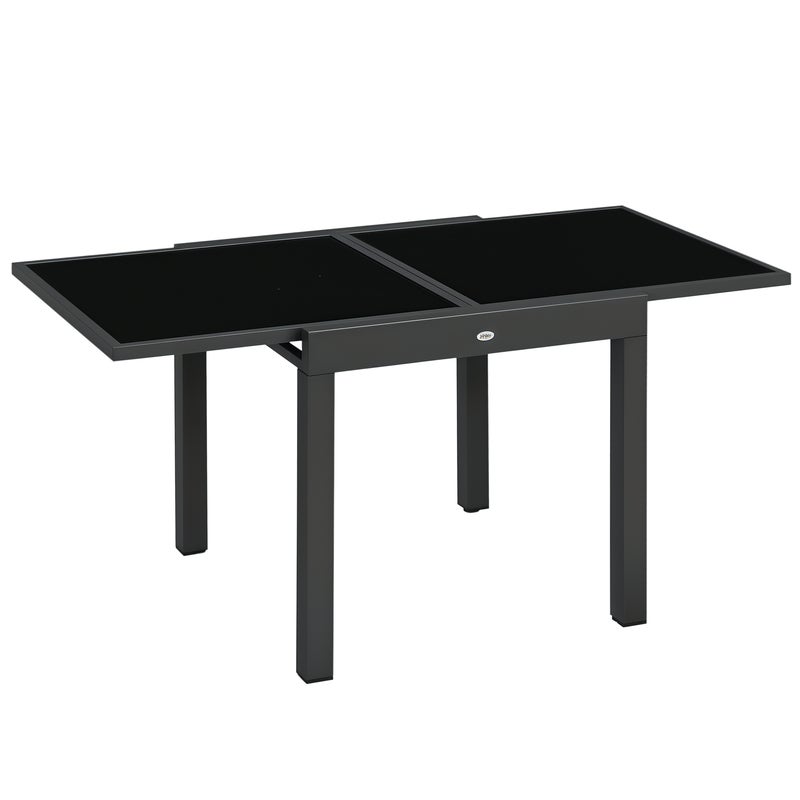 Rozkładany aluminiowy stół ogrodowy, prostokątny stół z blatem ze szkła hartowanego na taras, 80-160x80x75 cm, czarny