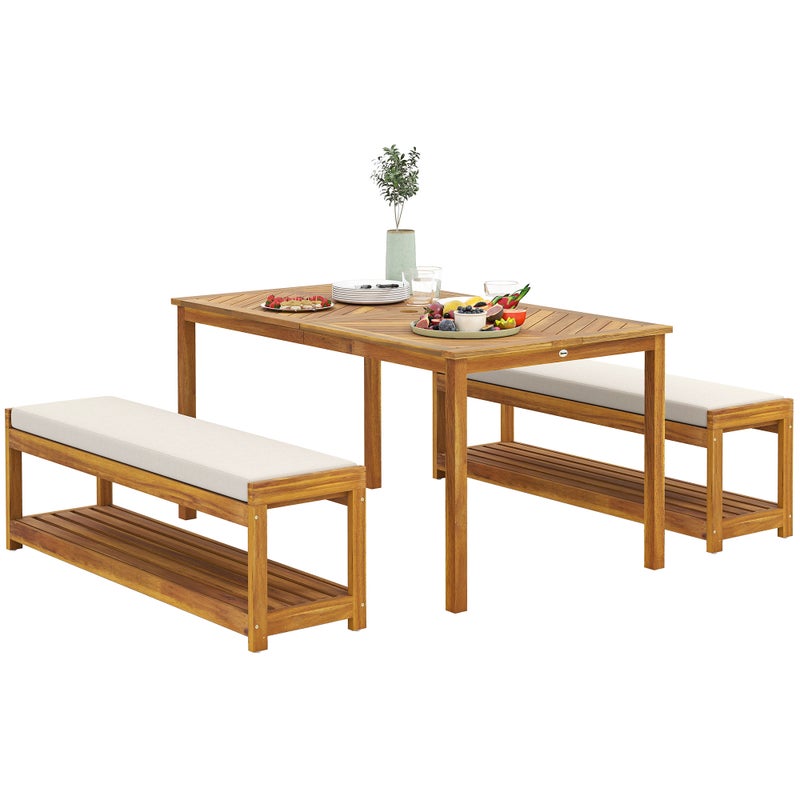 3-częściowy zestaw mebli ogrodowych, zestaw siedzisk w tym 1 stół jadalniany z otwór na parasol, 2 benches 150 x 85 x 75 cm teak