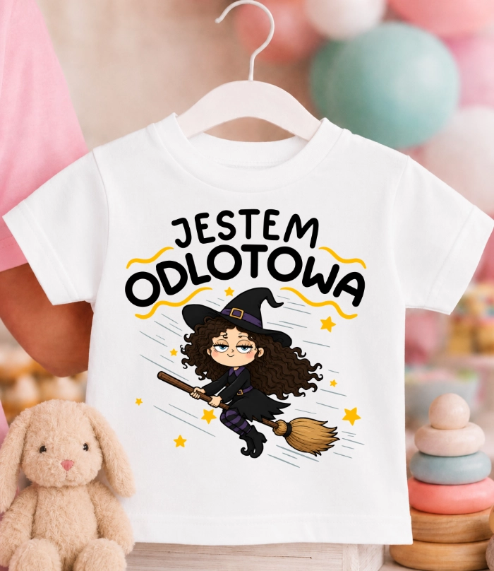 Koszulka dziecięca ''JESTEM ODLOTOWA'' Z WIEDŹMĄ