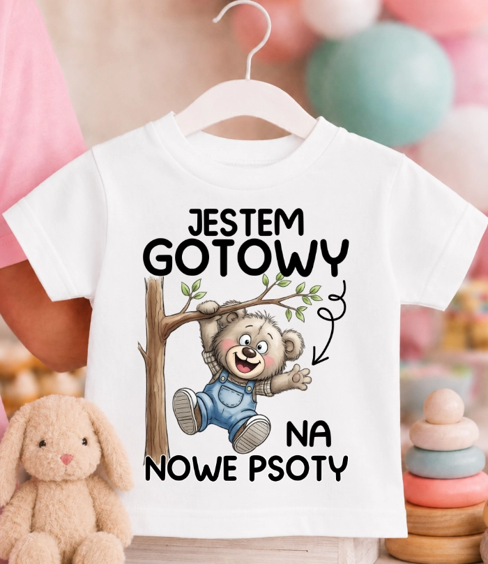 Koszulka dziecięca ''JESTEM GOTOWY NA NOWE PSOTY'' Z MISIEM