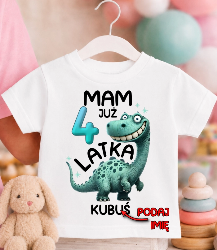 Koszulka URODZINOWA dziecięca ''MAM JUŻ 4 LATKA'' DINOZAUR