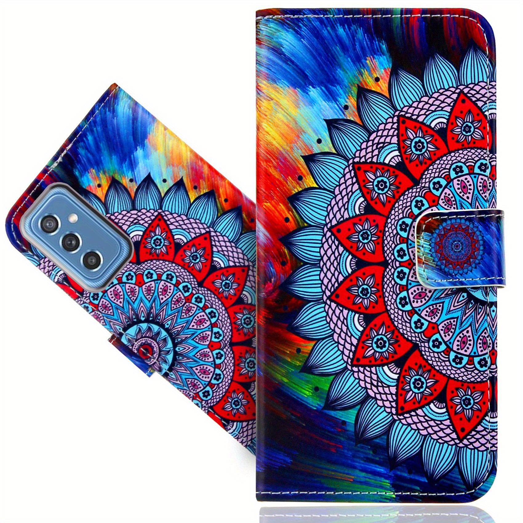 TEMU Etui na telefon - Ochronne etui na telefon Samsung Galaxy M52 5G z funkcją podstawki, imitacja skóry, wzór kwiatu Mandala i portfel z klapką na