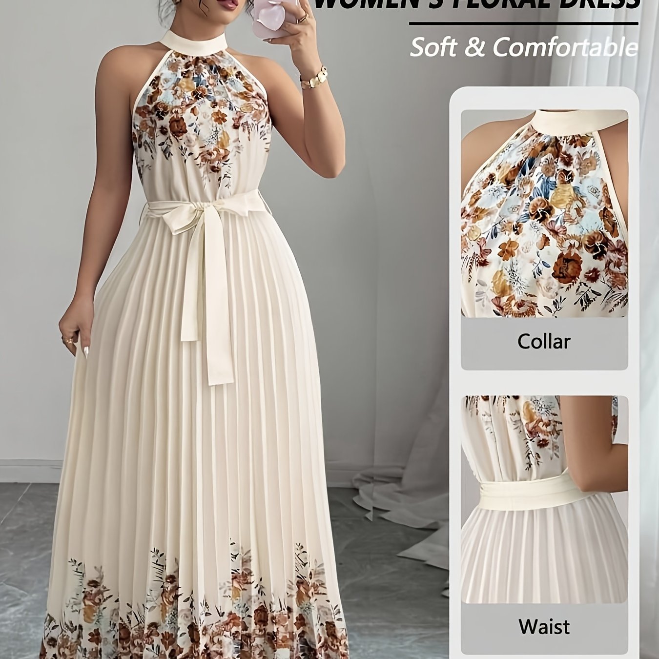 TEMU Damska sukienka maxi z plisowanym, rozkloszowanym fasonem w kwiatowy wzór, z wiązaniem w pasie, na wesele, wieczorne przyjęcie, elegancka