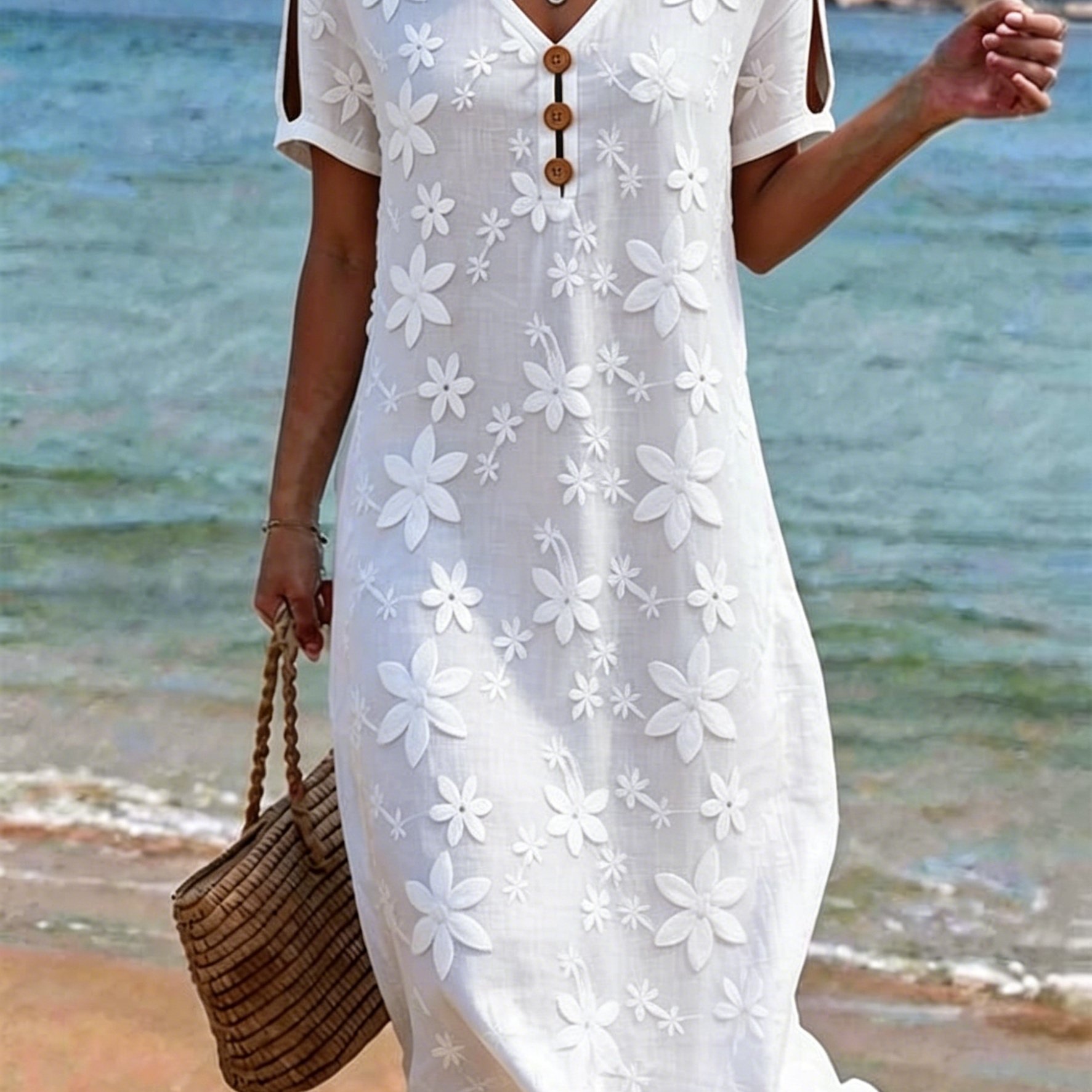 TEMU Sukienka z dekoltem w serek, haftowana, luźna, elegancka sukienka haftowana, na co dzień, randkę, wakacje na plaży, piękna, elegancka sukienka