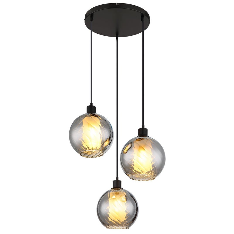Lampa wisząca Globo Ulf Cluster, klosz z matowego czarnego szkła w kolorze przydymionego, 3 żarówki E27