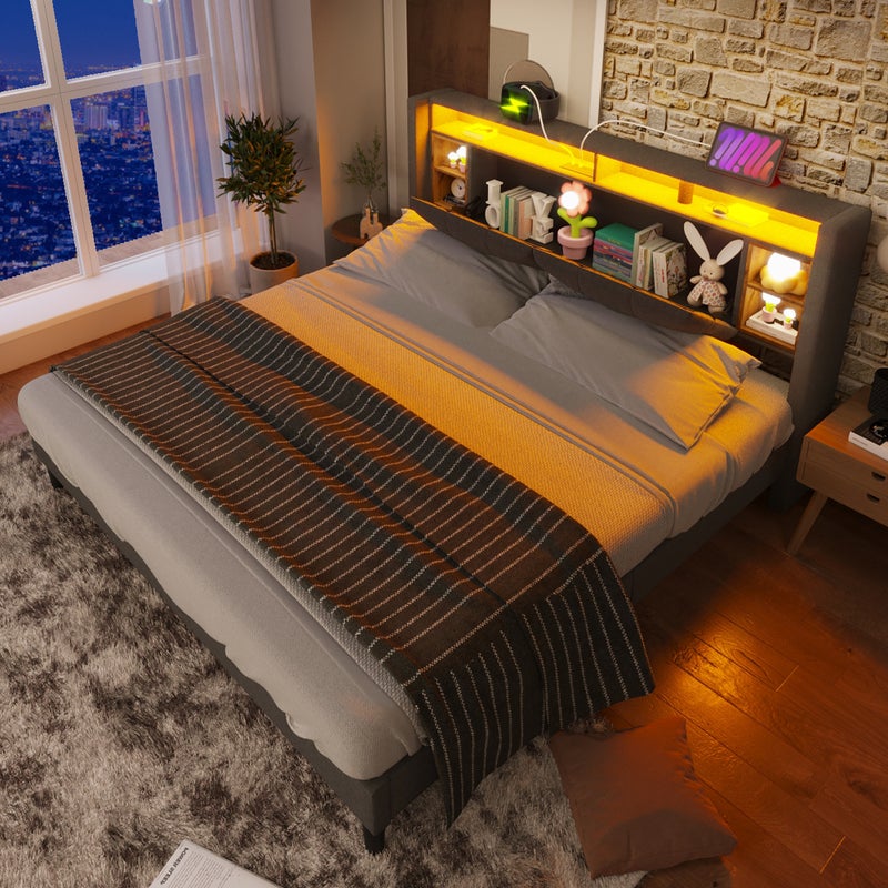 Łóżko 160 x 200 cm, z oświetleniem LED, drewno, do sypialni, do codziennego użytkowania, funkcjonalny element wyposażenia