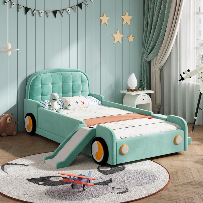 Łóżko dziecięce w kształcie samochodu 90 x 200 cm z dwustronną zjeżdżalnią i schodami – Aksamit – Kaczy niebieski (Materac nie jest wliczony w cenę)
