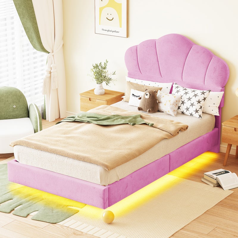 Łóżko tapicerowane 90 x 200 cm z listwą LED, tkanina welurowa, wzór chmurek, różowe