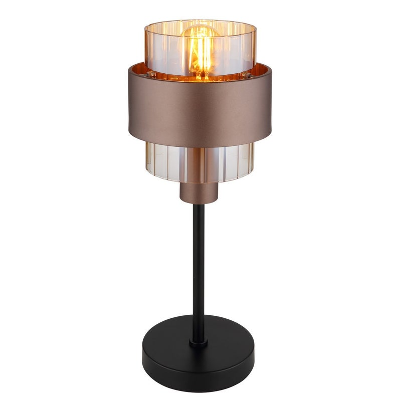 Lampa stołowa Globo Milley w kształcie cylindra, matowy czarny klosz ze szkła bursztynowego, 1 gniazdo E27