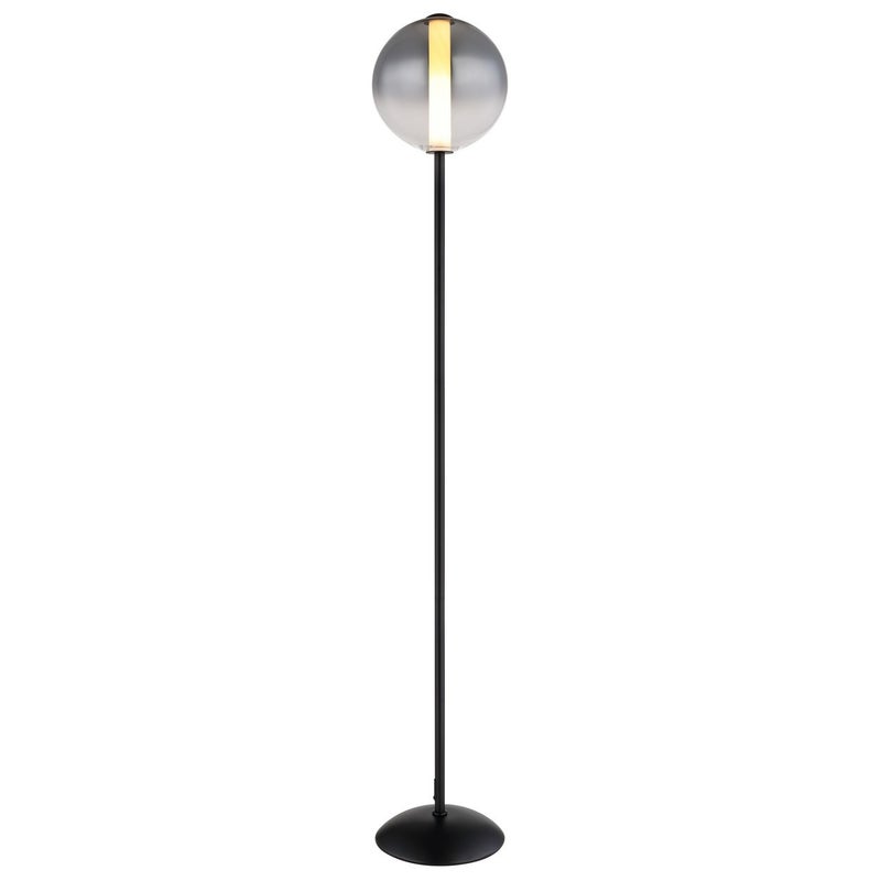 Lampa podłogowa Globo Lacy ze zintegrowanym oświetleniem LED, matowa czarna kula, klosz z przydymionego szkła, dioda LED 3000K