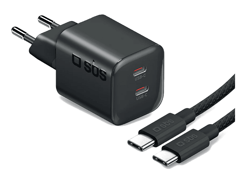Ładowarka sieciowa SBS GaN Dual USB-C PD 3.0 UFCS 100W + kabel 2m Czarny