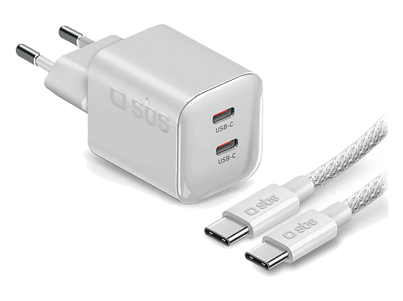 Ładowarka sieciowa SBS GaN Dual USB-C PD 3.0 UFCS 100W + kabel 2m Biały