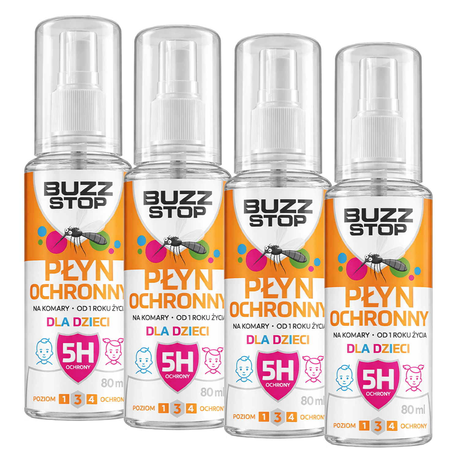 Zestaw BuzzStop, płyn ochronny na komary, kleszcze i meszki dla dzieci od 1 roku, 4 x 80 ml