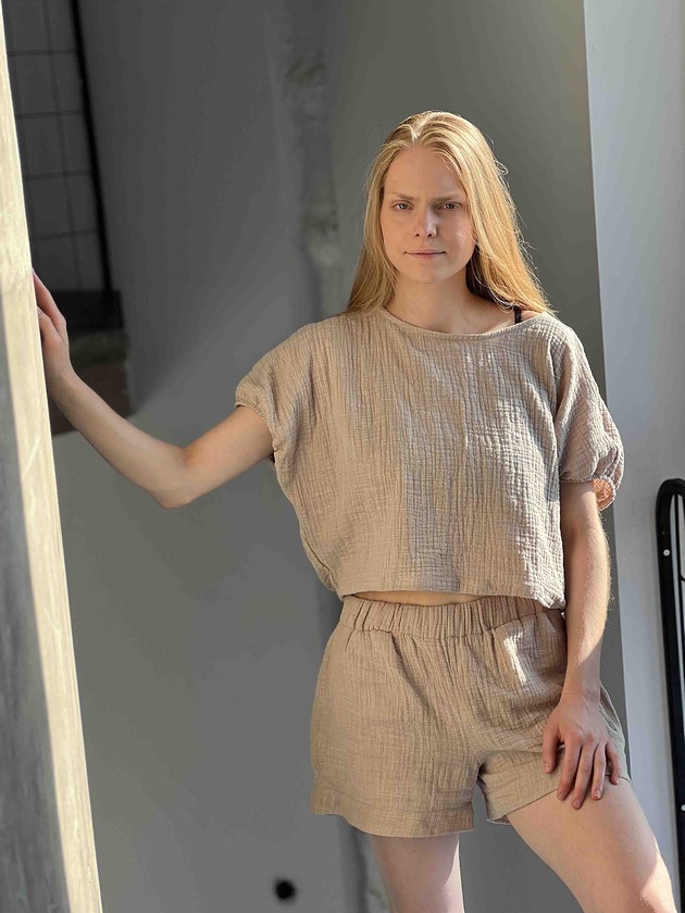 Oversizowy Top nietoperz lniany muslin