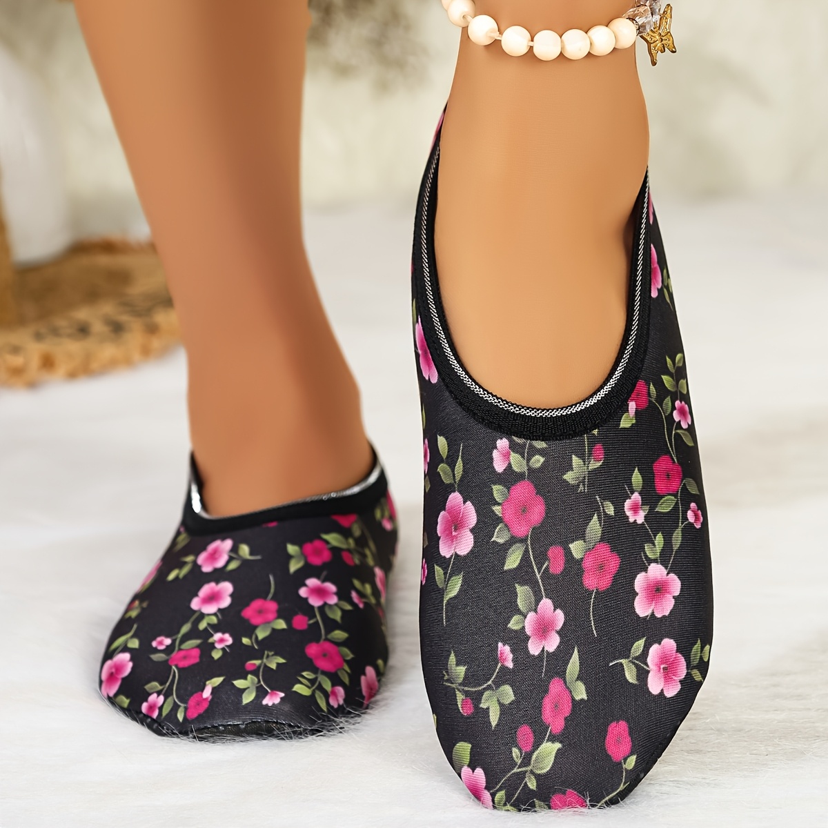 TEMU Damskie modne domowe buty casualowe z wykwintnym botanicznym nadrukiem, , wygodne, oddychające, z wysokoelastycznej tkaniny, z miękką podeszwą