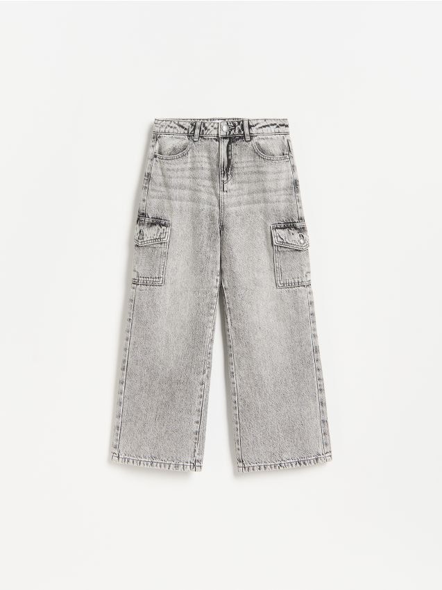 Reserved - Jeansy wide leg cargo - jasnoszary