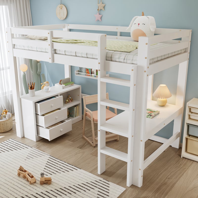 Łóżko na antresoli 90x200 cm - z biurkiem i półką do przechowywania - z 3 szufladami - drewno lite + MDF - Biały (bez materaca)