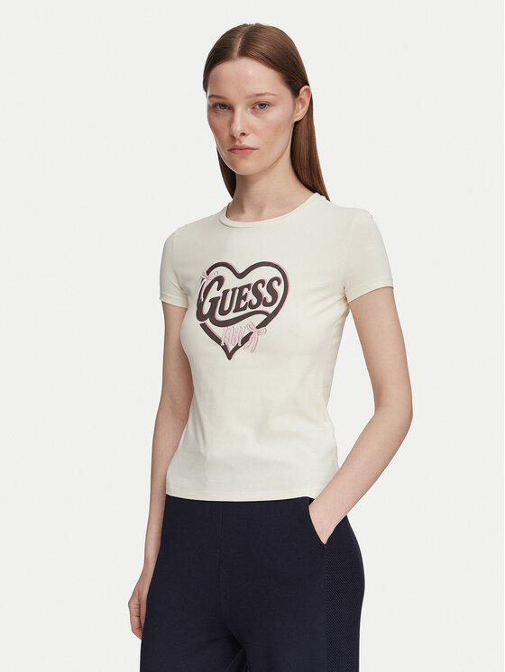 Guess T-Shirt V6YI09 K4276 Beżowy jasny Slim Fit
