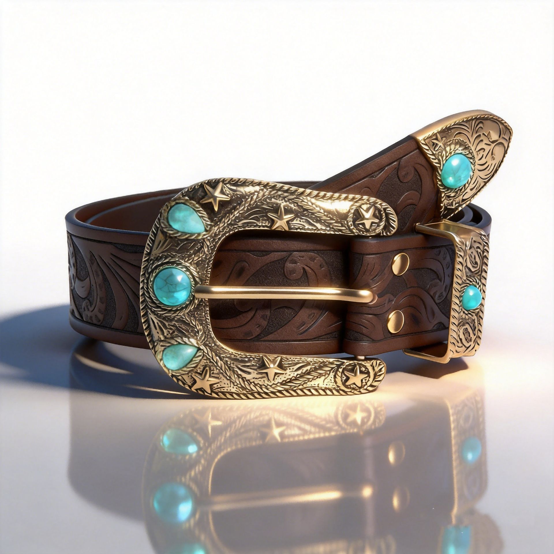 TEMU Damski Vintage Turkusowy Pas w Stylu Western z Brązowym Paskiem w Boho Kwiatowym Wytłoczeniu i Ozdobną Złotą Klamrą - Pas Kowbojski do Jeansów,