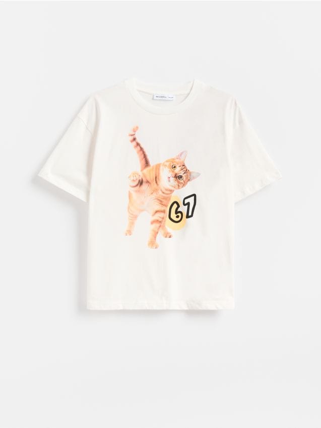 Reserved - Bawełniany t-shirt z nadrukiem - złamana biel