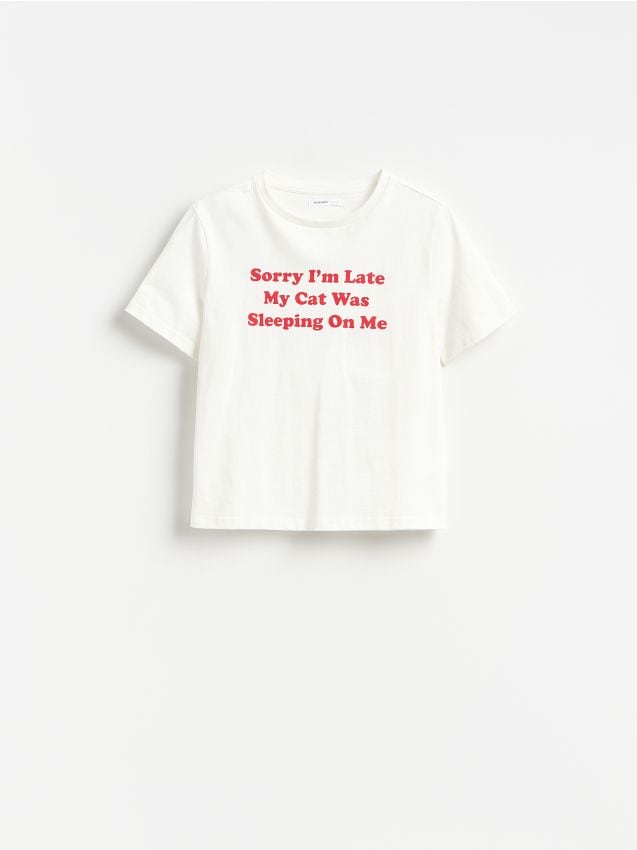 Reserved - Bawełniany t-shirt z nadrukiem - złamana biel