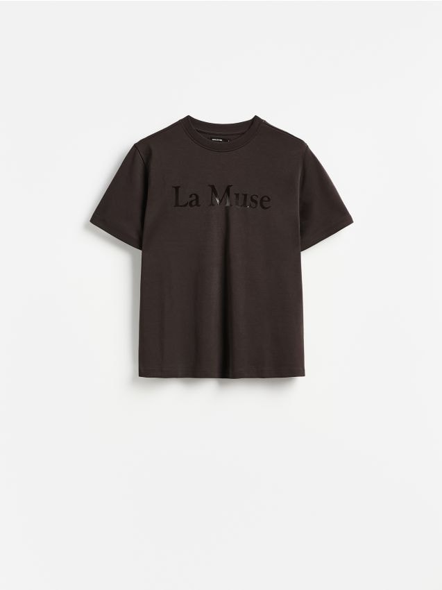 Reserved - Bawełniany t-shirt z nadrukiem - ciemnobrązowy
